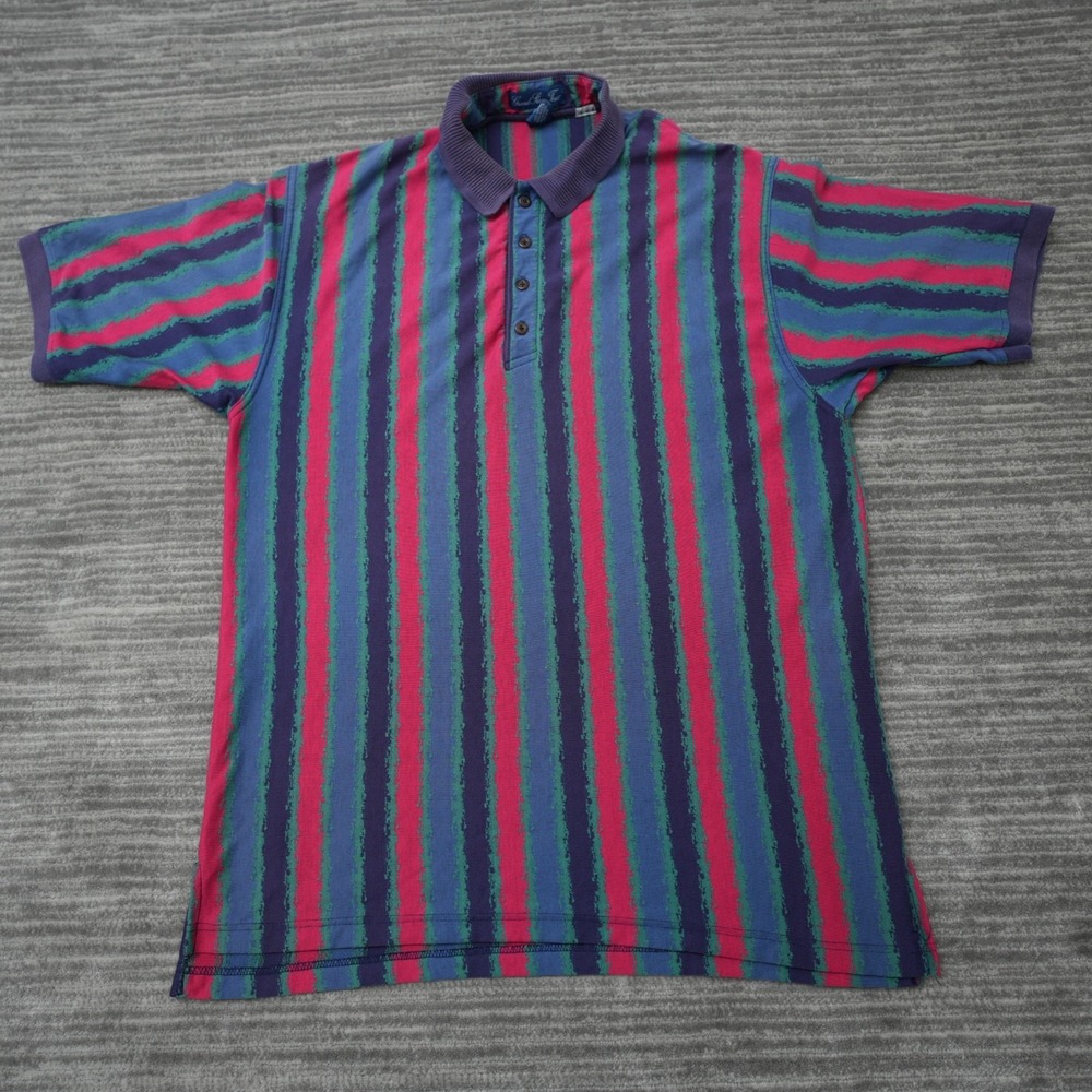 Grand Slam Tour Golf Polo Abstract Vertical Striped Blue Red Green Made USA‎ XL